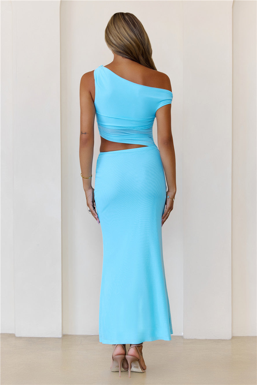 Shimmering Edge Off Shoulder Mesh Maxi Dress Blue