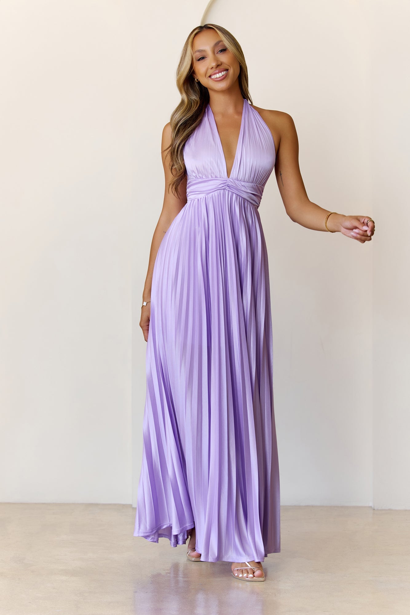 Shimmering Sea Pleated Halter Maxi Dress Lilac