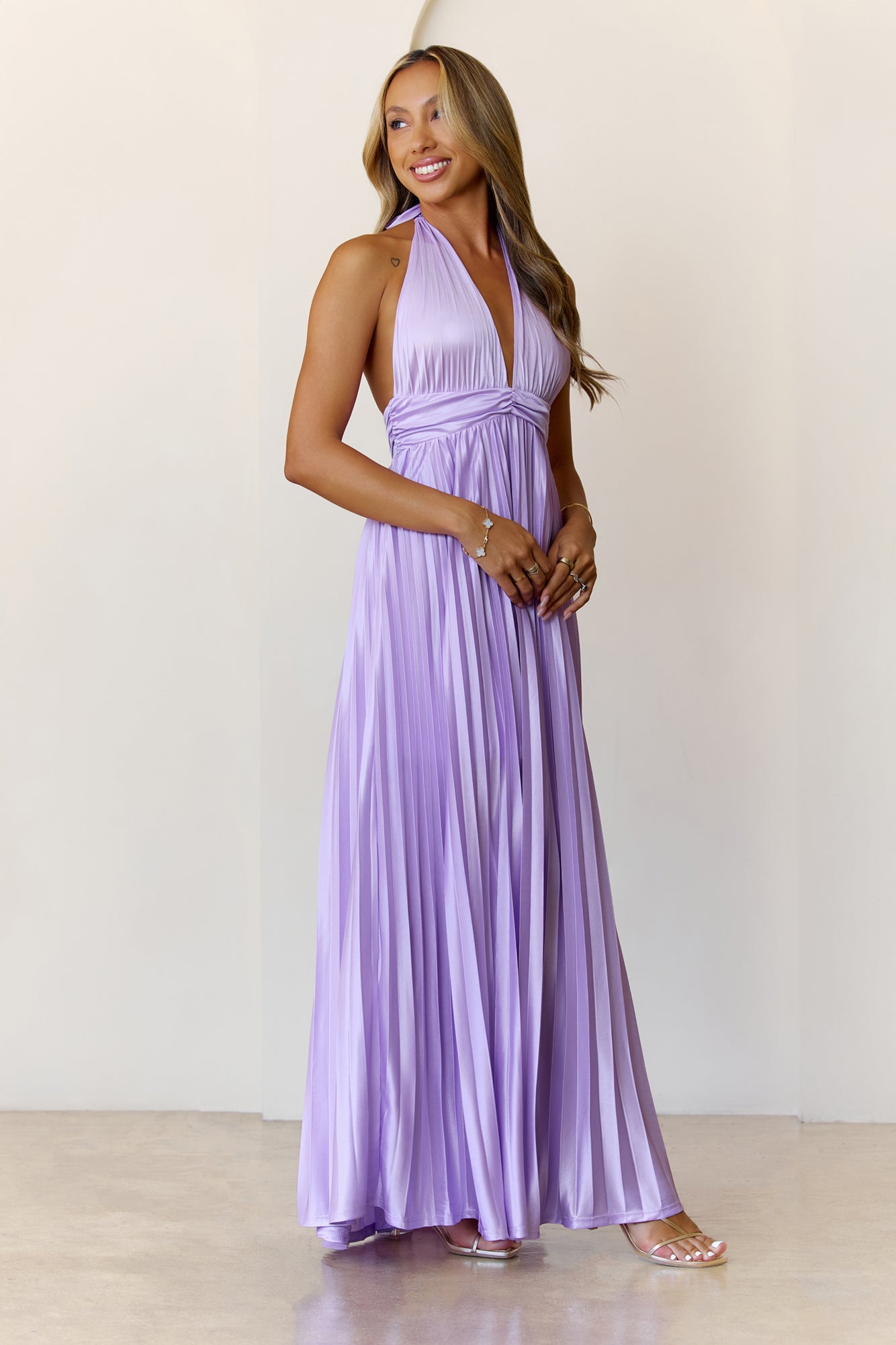 Shimmering Sea Pleated Halter Maxi Dress Lilac
