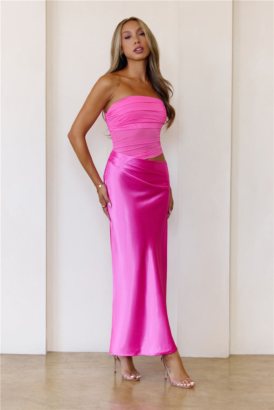 Luxe Attitude Satin Mesh Strapless Maxi Dress Pink