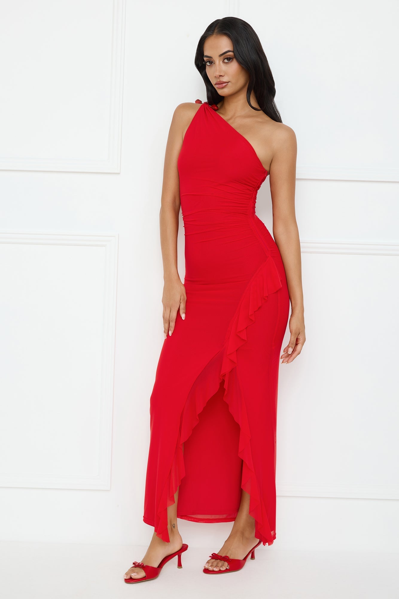 Neon Nectar One Shoulder Mesh Maxi Dress Red