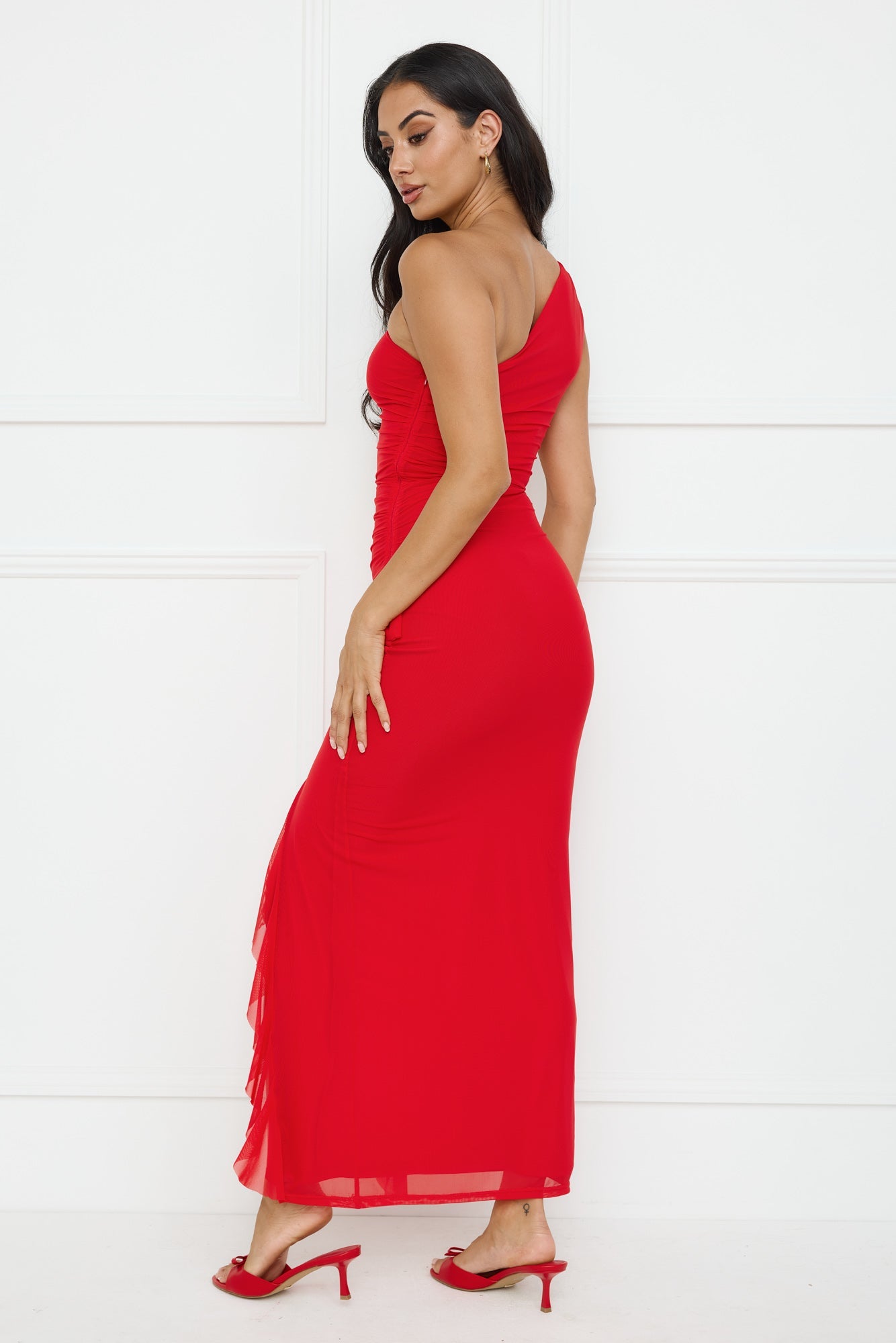 Neon Nectar One Shoulder Mesh Maxi Dress Red