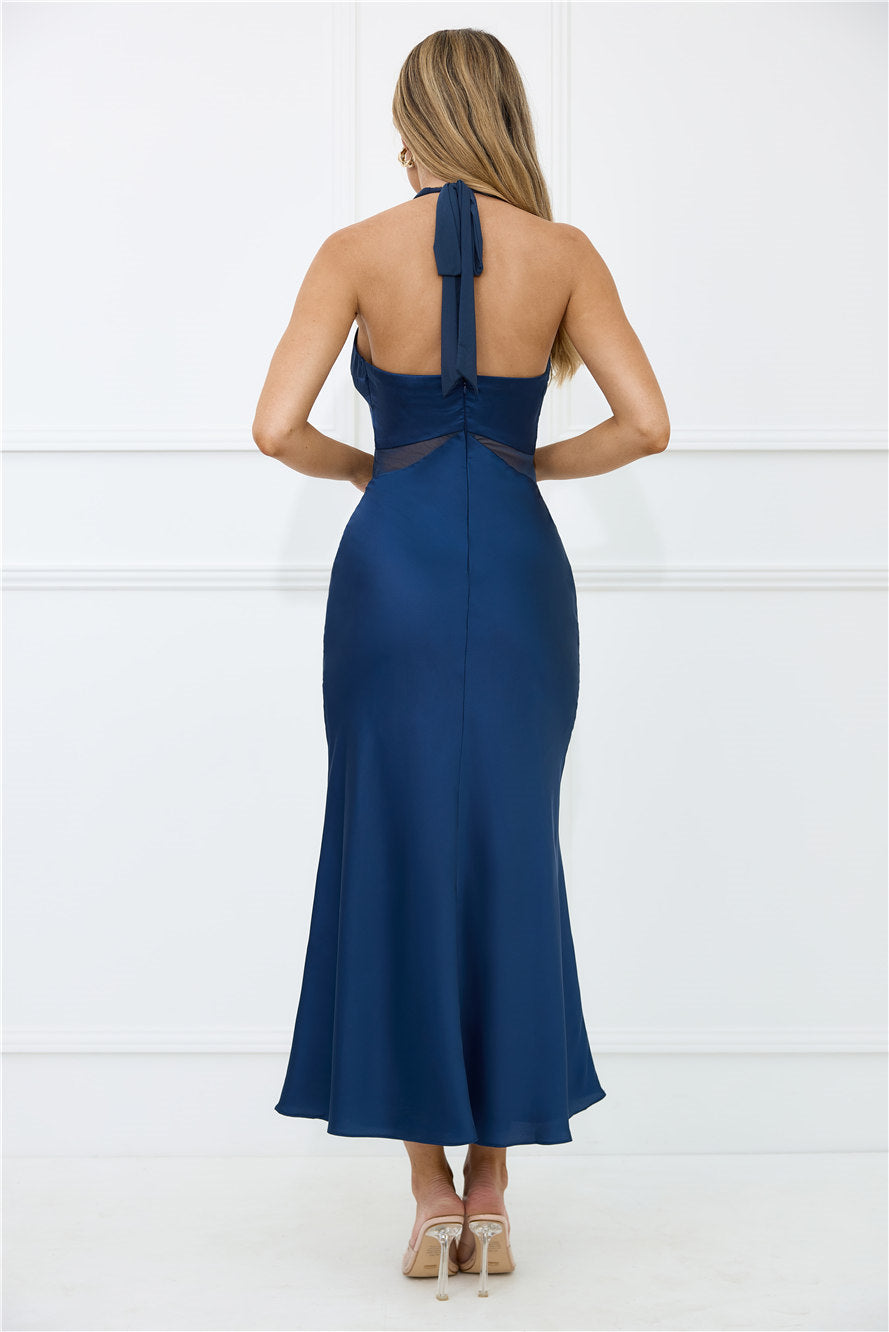 Nocturnal Bloom Satin Halter Maxi Dress Navy