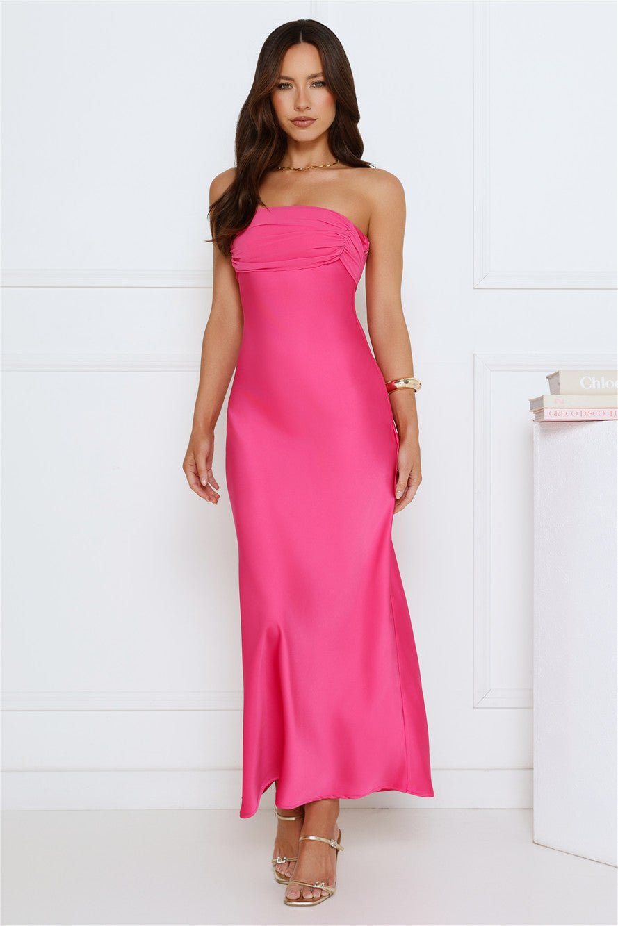 Love Club Strapless Satin Maxi Dress Pink