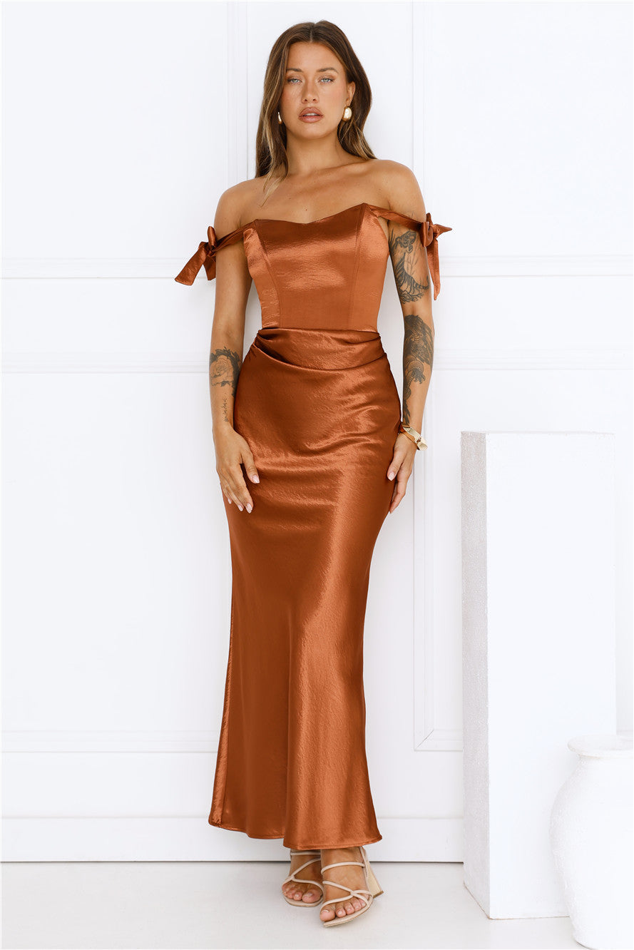 Midnight Grace Satin Maxi Dress Brown