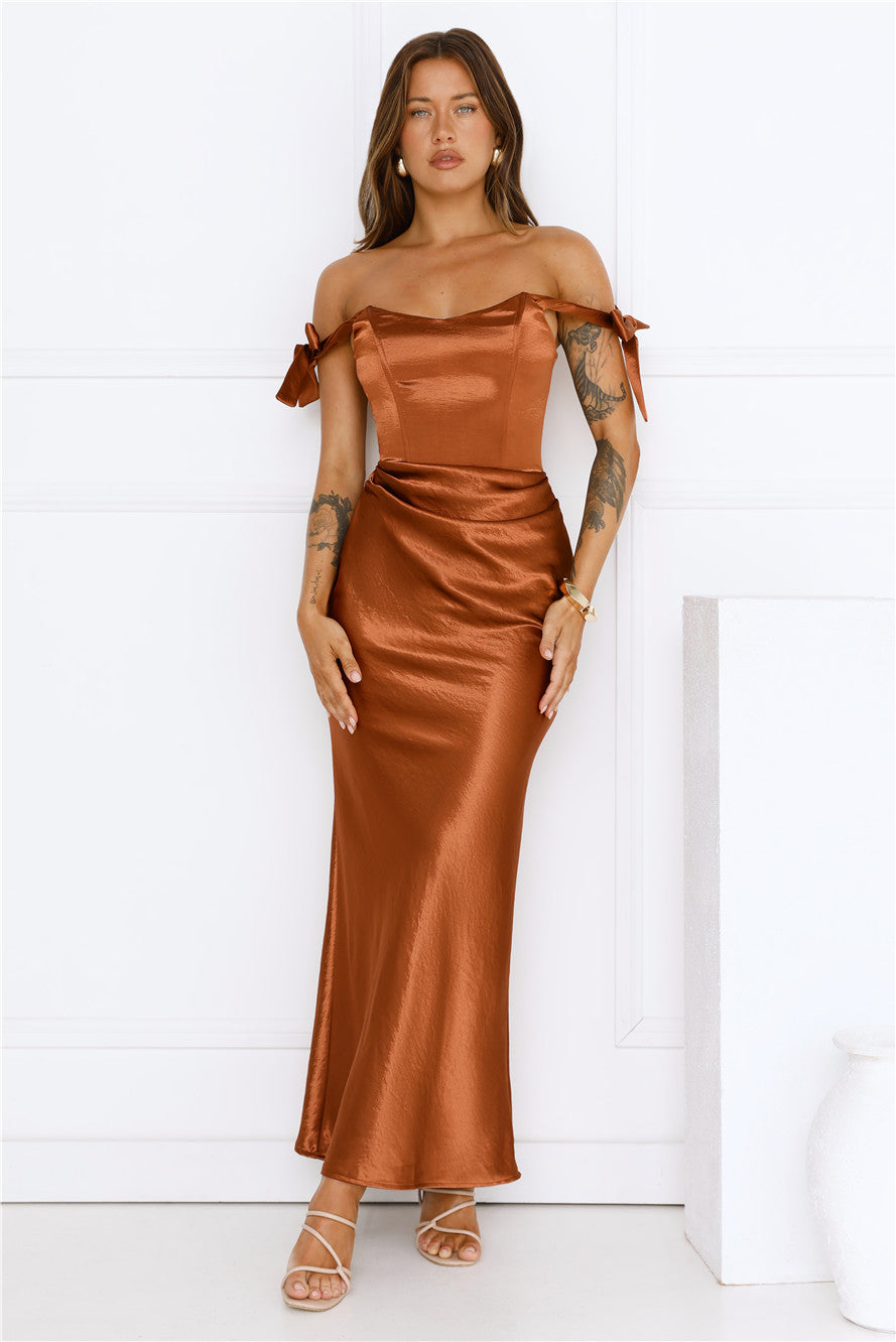 Midnight Grace Satin Maxi Dress Brown