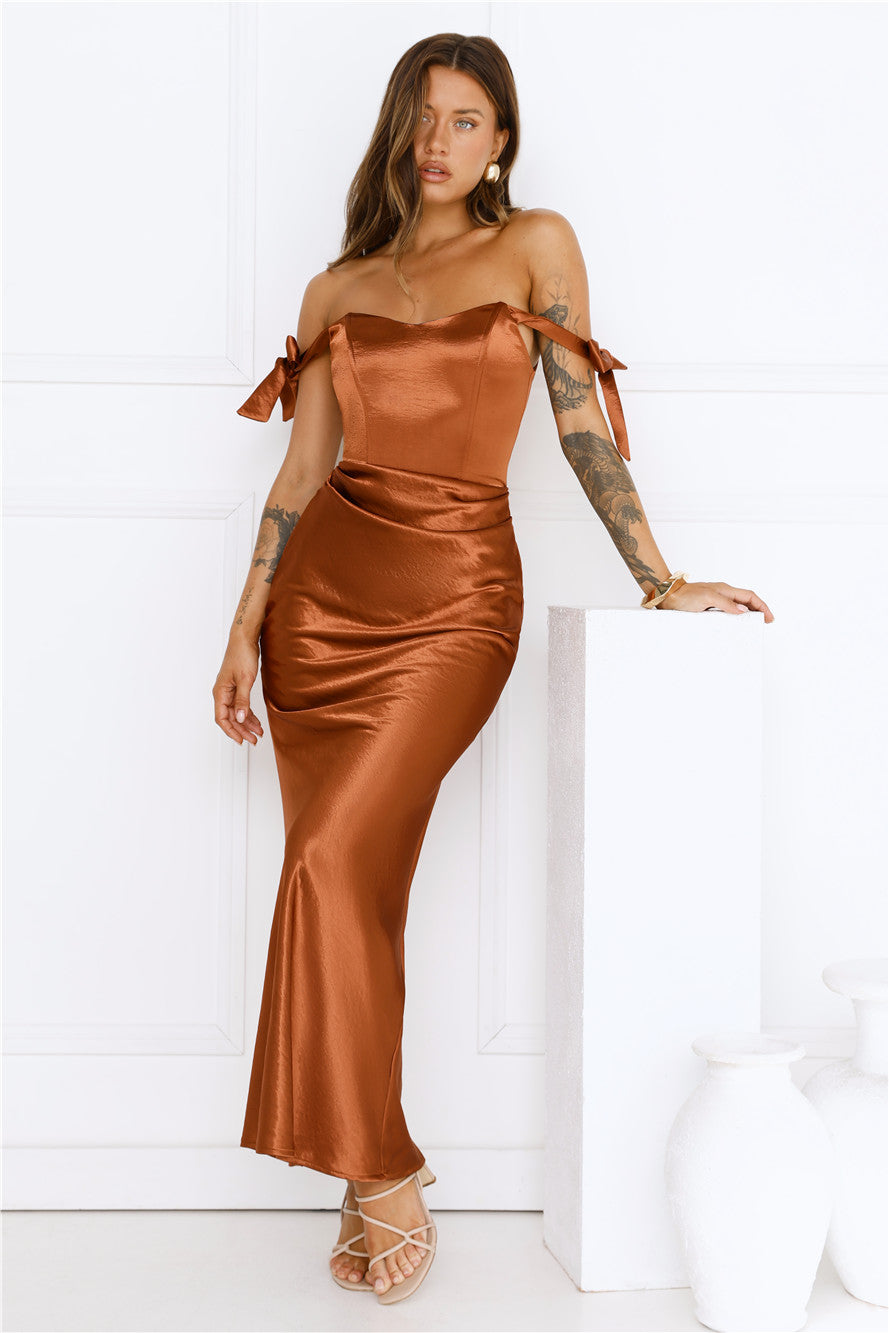 Midnight Grace Satin Maxi Dress Brown