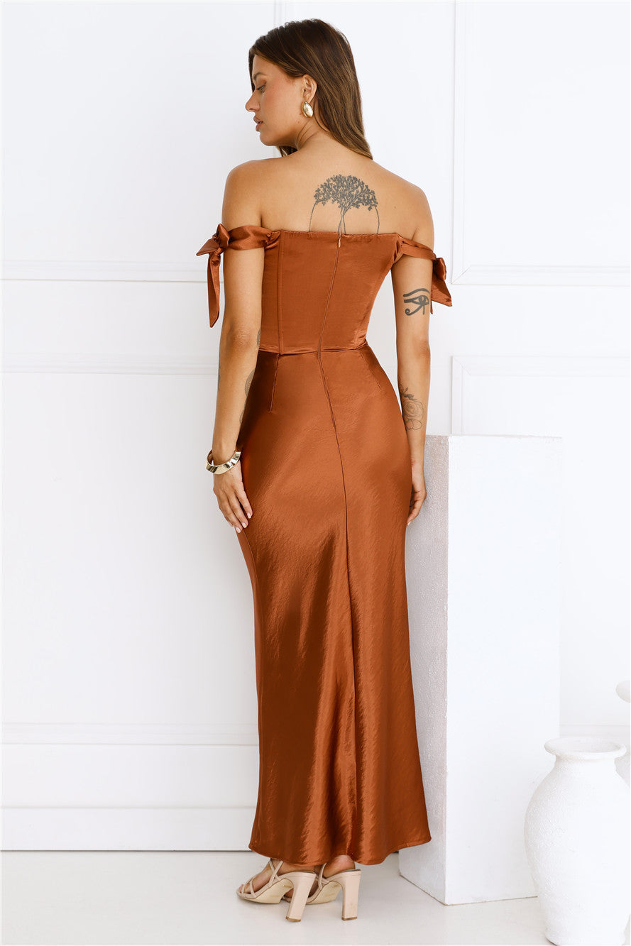 Midnight Grace Satin Maxi Dress Brown