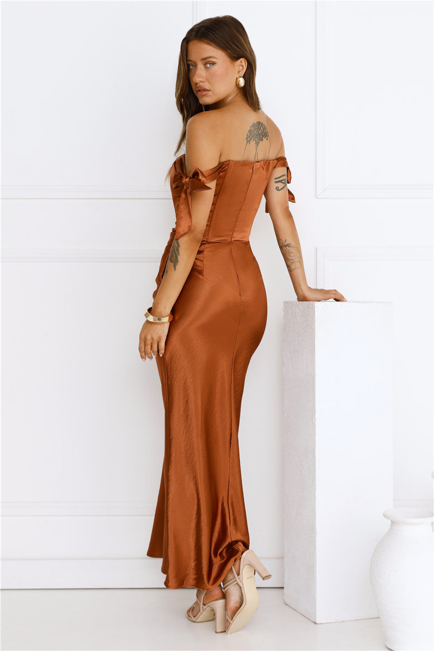 Midnight Grace Satin Maxi Dress Brown