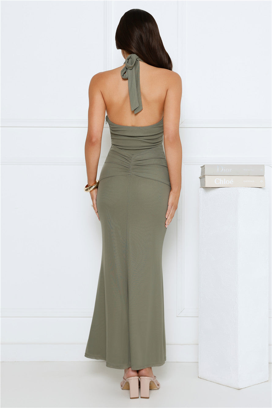 Date Me Darling Halter Mesh Maxi Dress Sage