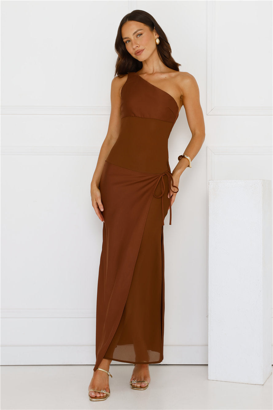 Satin Statement One Shoulder Maxi Dress Brown