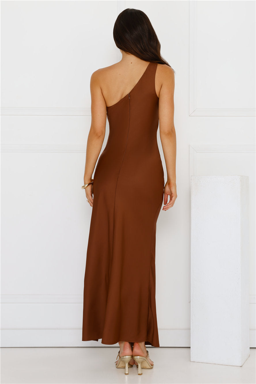 Satin Statement One Shoulder Maxi Dress Brown