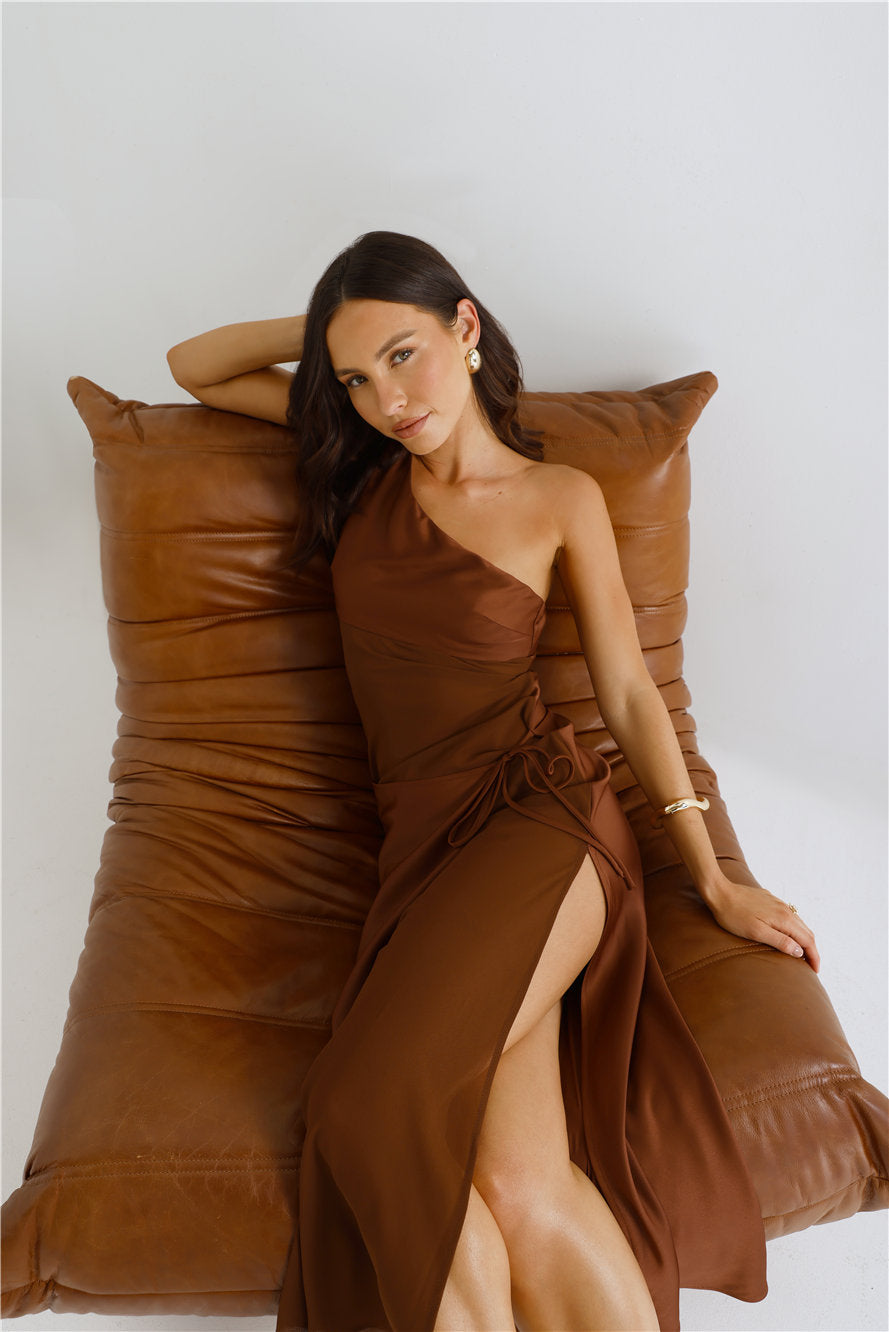 Satin Statement One Shoulder Maxi Dress Brown