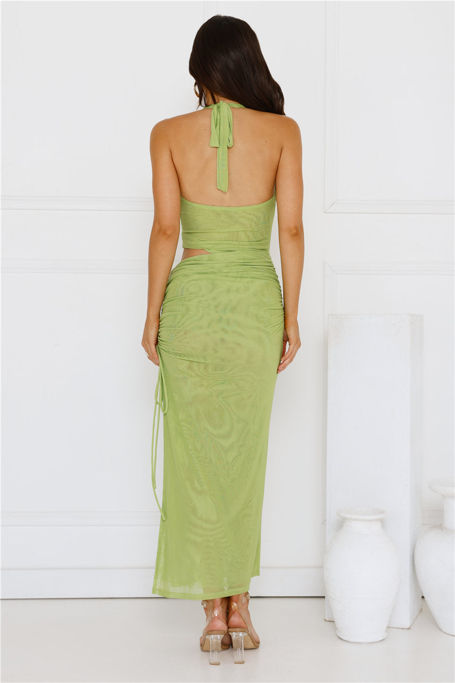 Twirl Me Pretty Mesh Halter Maxi Dress Green