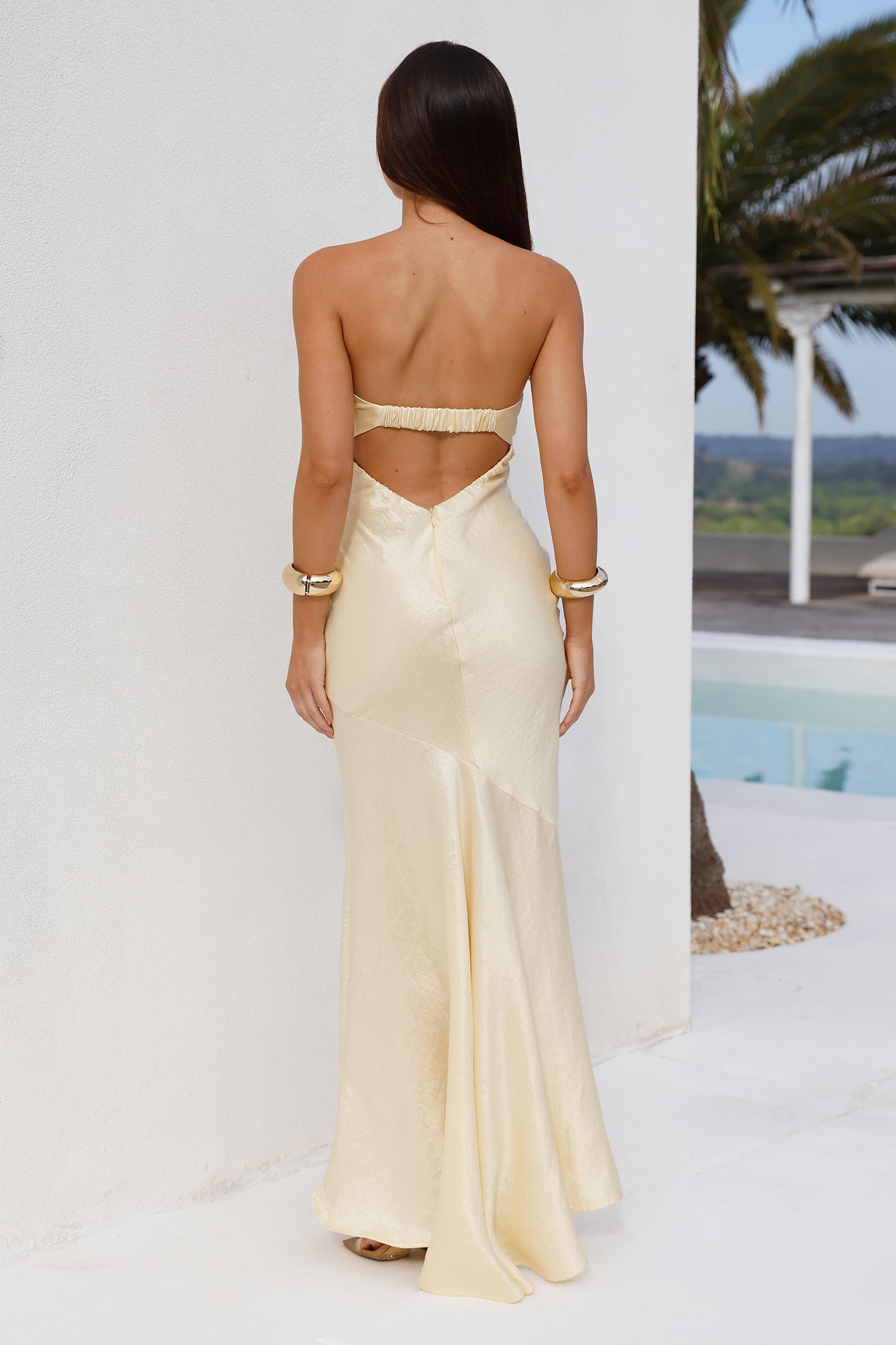 Heritage Strapless Satin Maxi Dress Yellow