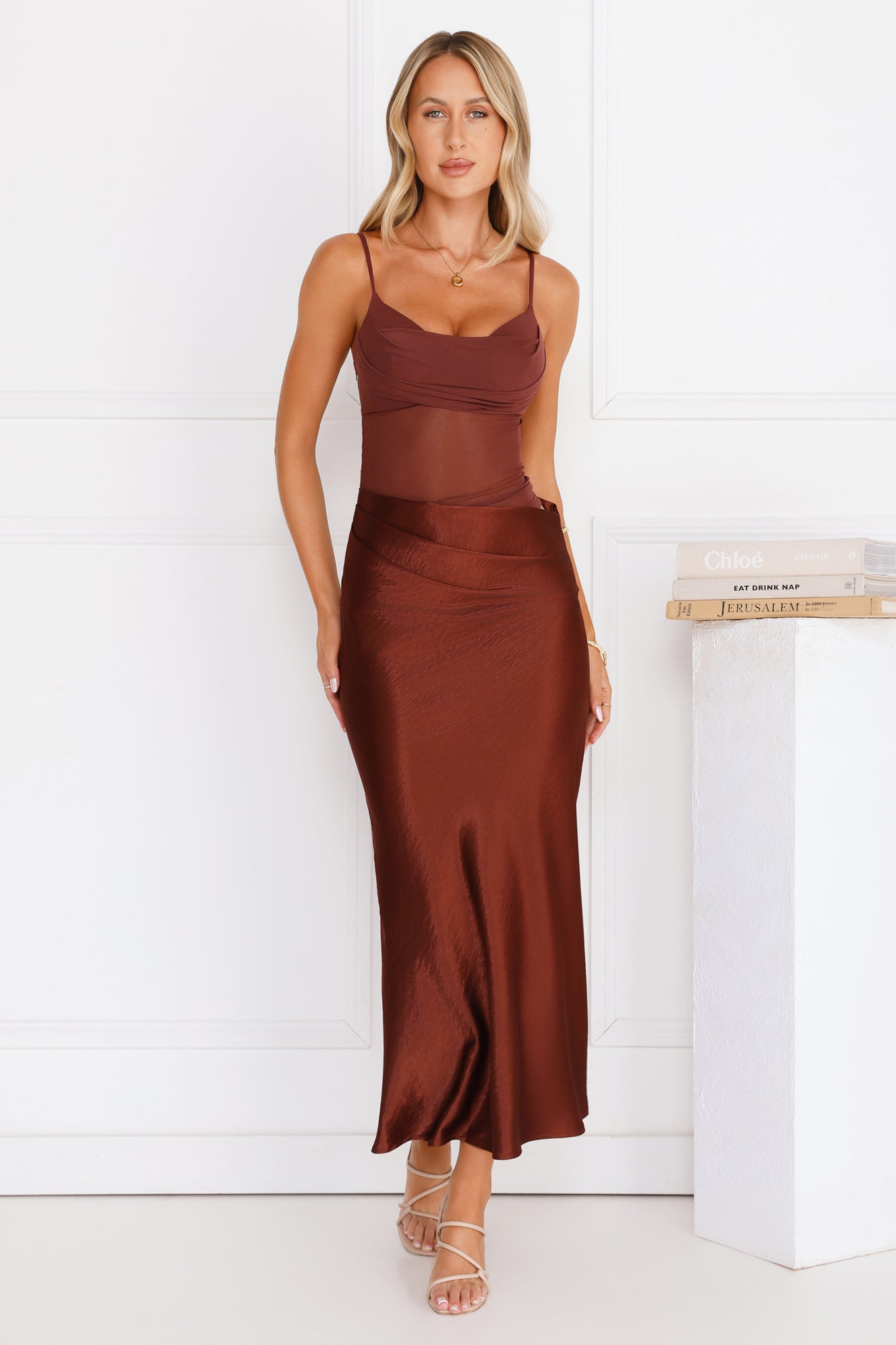 Rule The Glow Satin Mesh Maxi Dress Brown