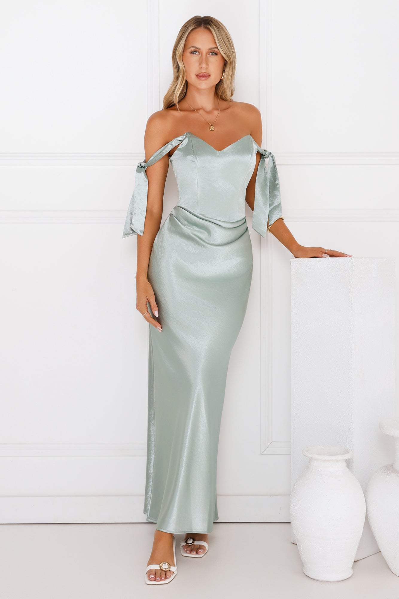 Midnight Grace Satin Maxi Dress Sage