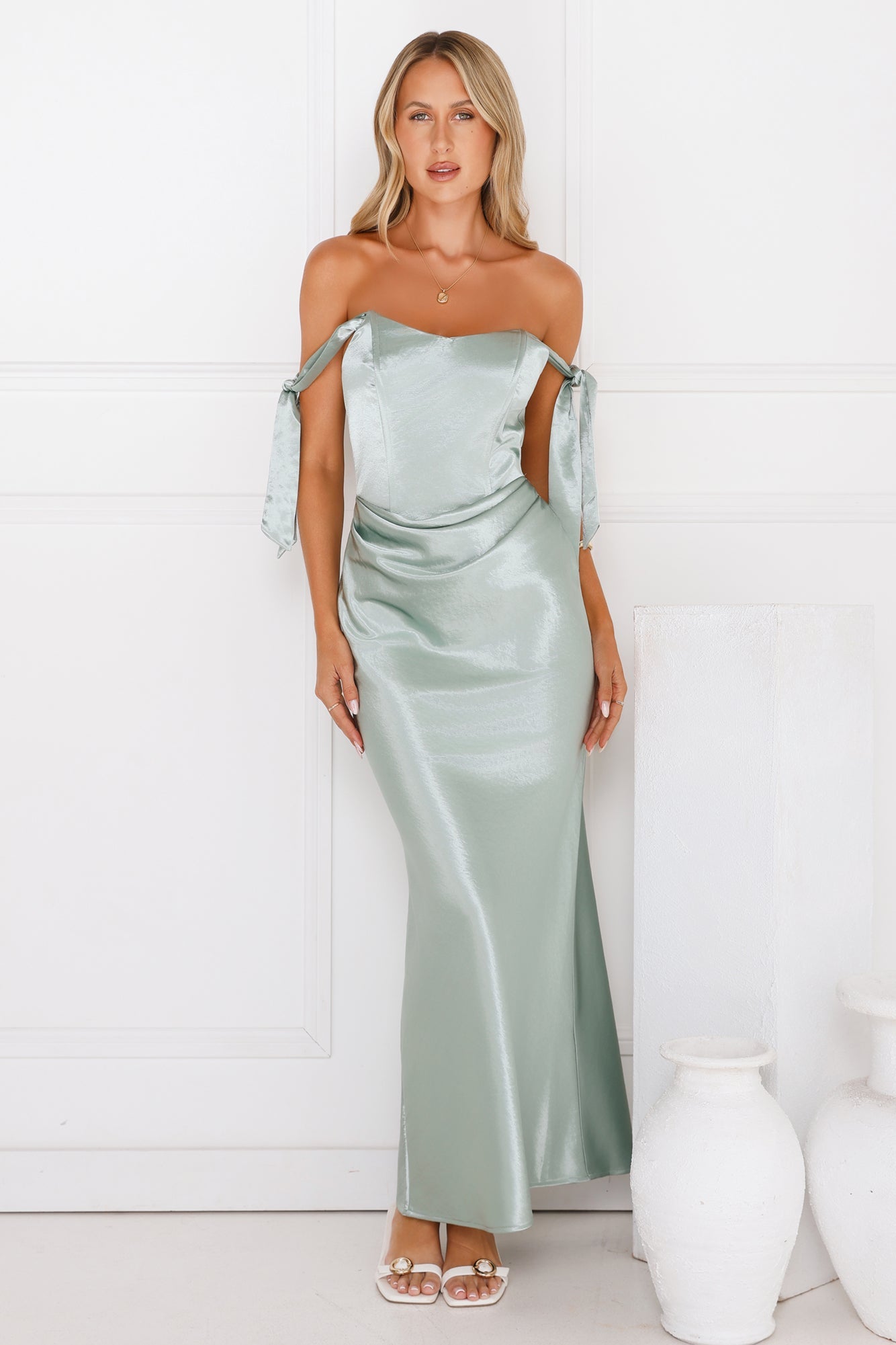 Midnight Grace Satin Maxi Dress Sage