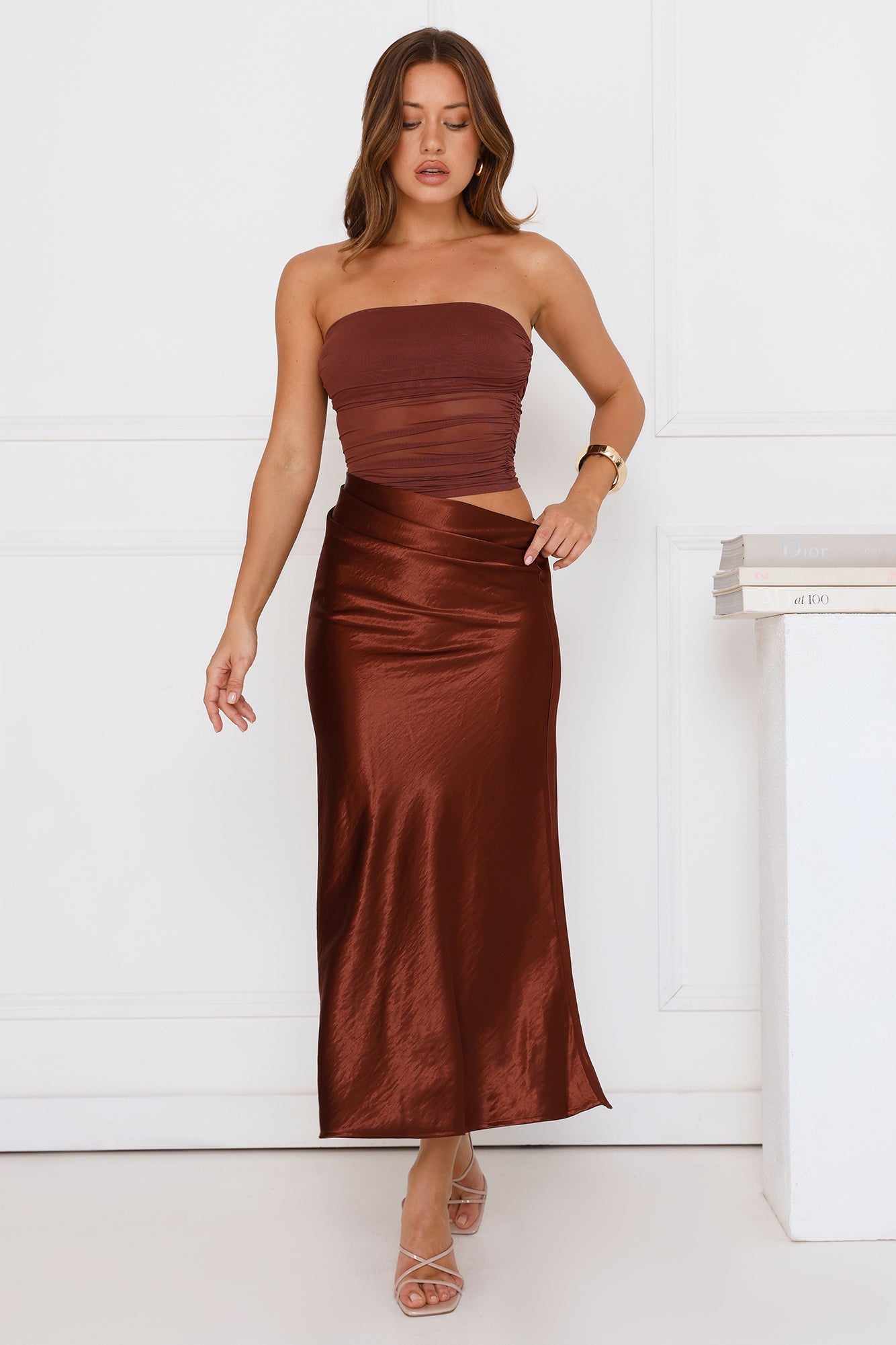 Luxe Attitude Satin Mesh Strapless Maxi Dress Brown