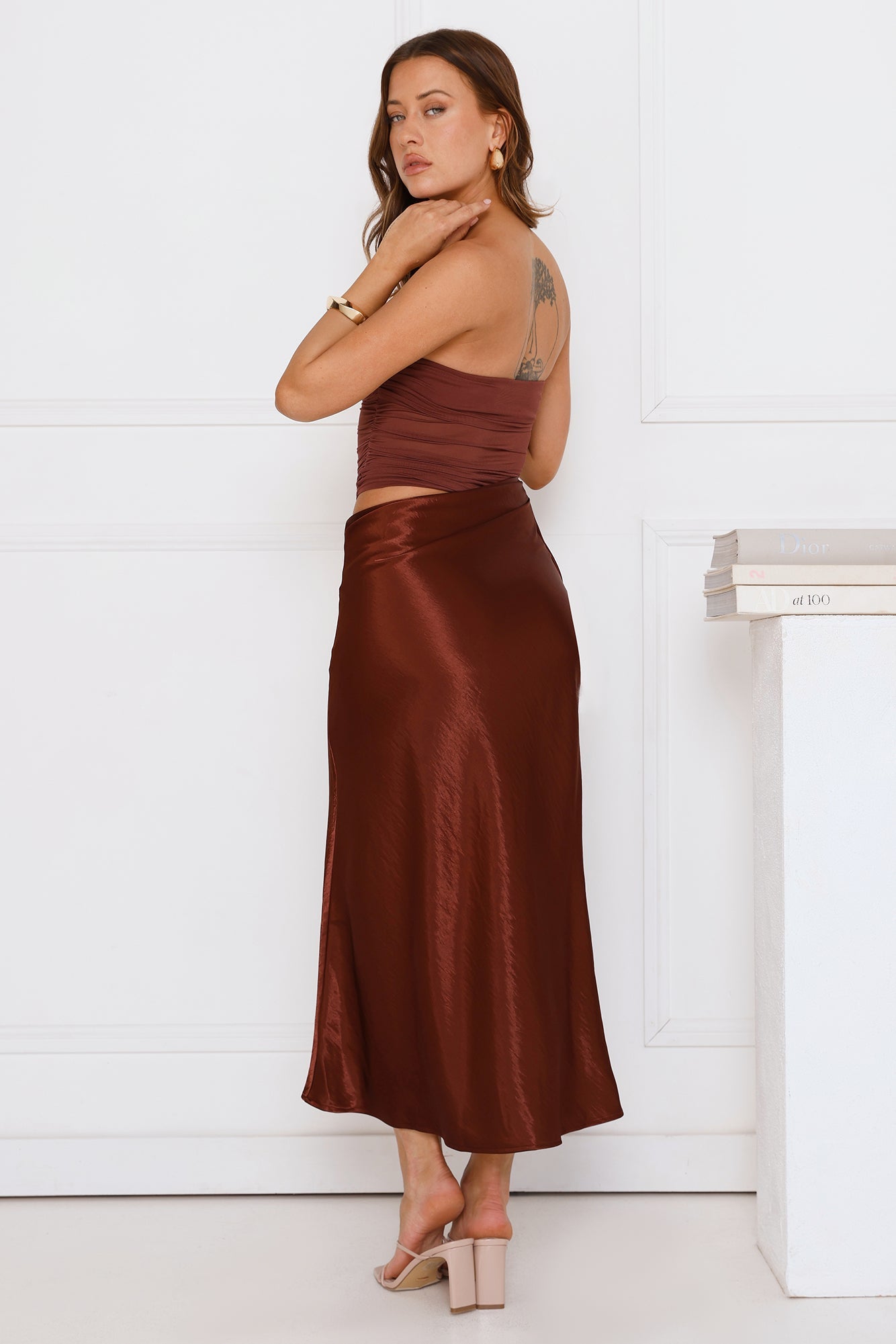 Luxe Attitude Satin Mesh Strapless Maxi Dress Brown