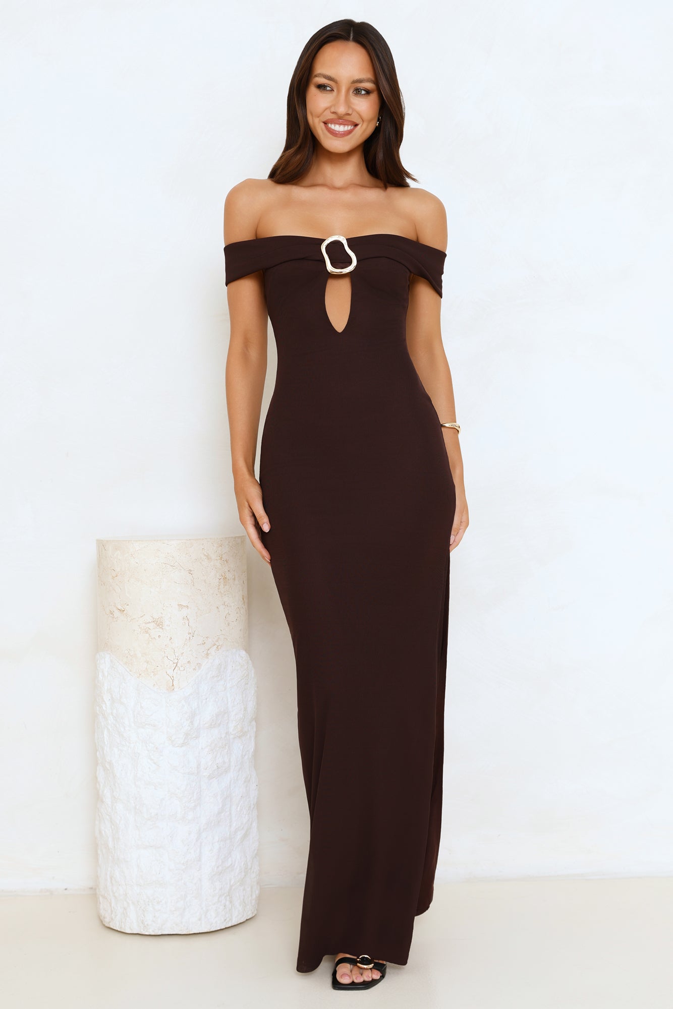High End Highlights Off Shoulder Maxi Dress Brown