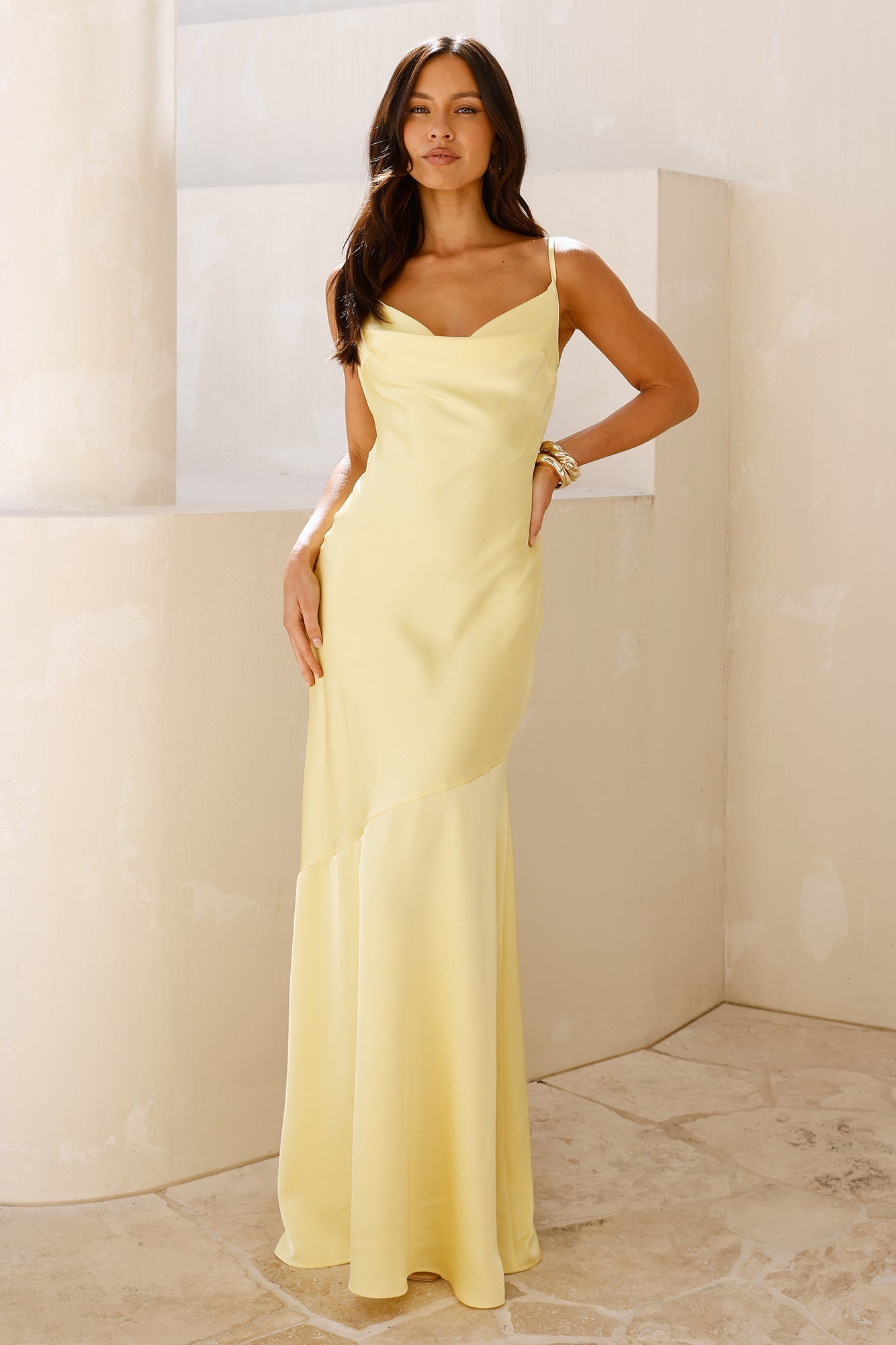 Brilliant Belle Satin Maxi Dress Yellow