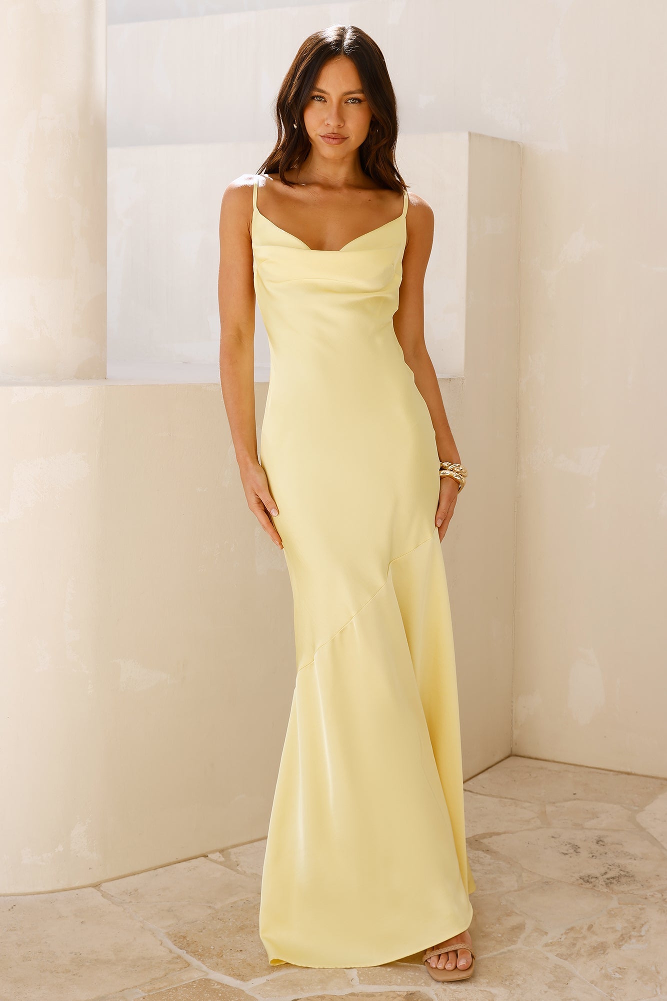 Brilliant Belle Satin Maxi Dress Yellow