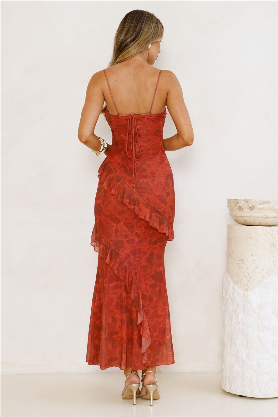 Gilded Muse Mesh Maxi Dress Red