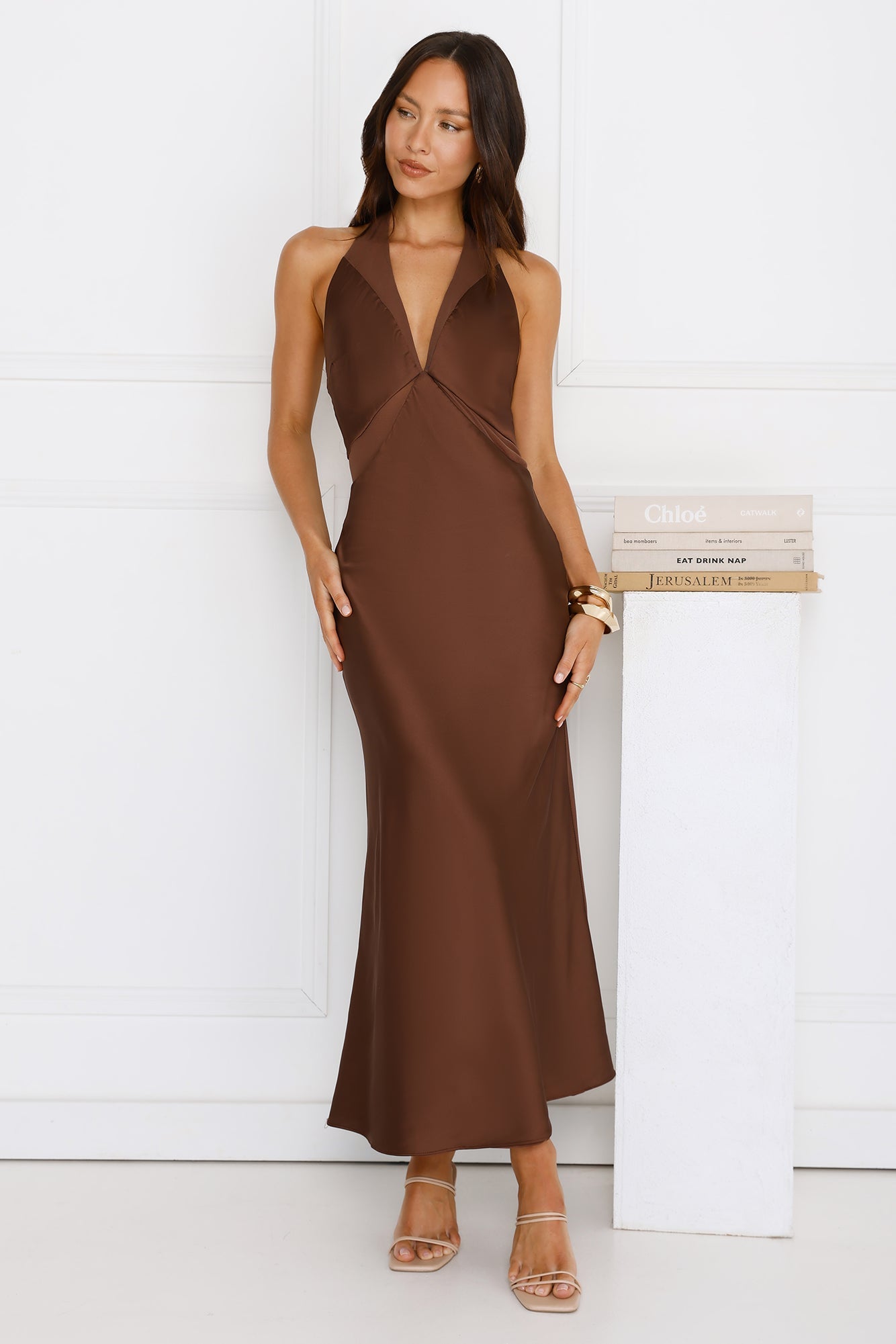 Nocturnal Bloom Satin Halter Maxi Dress Brown