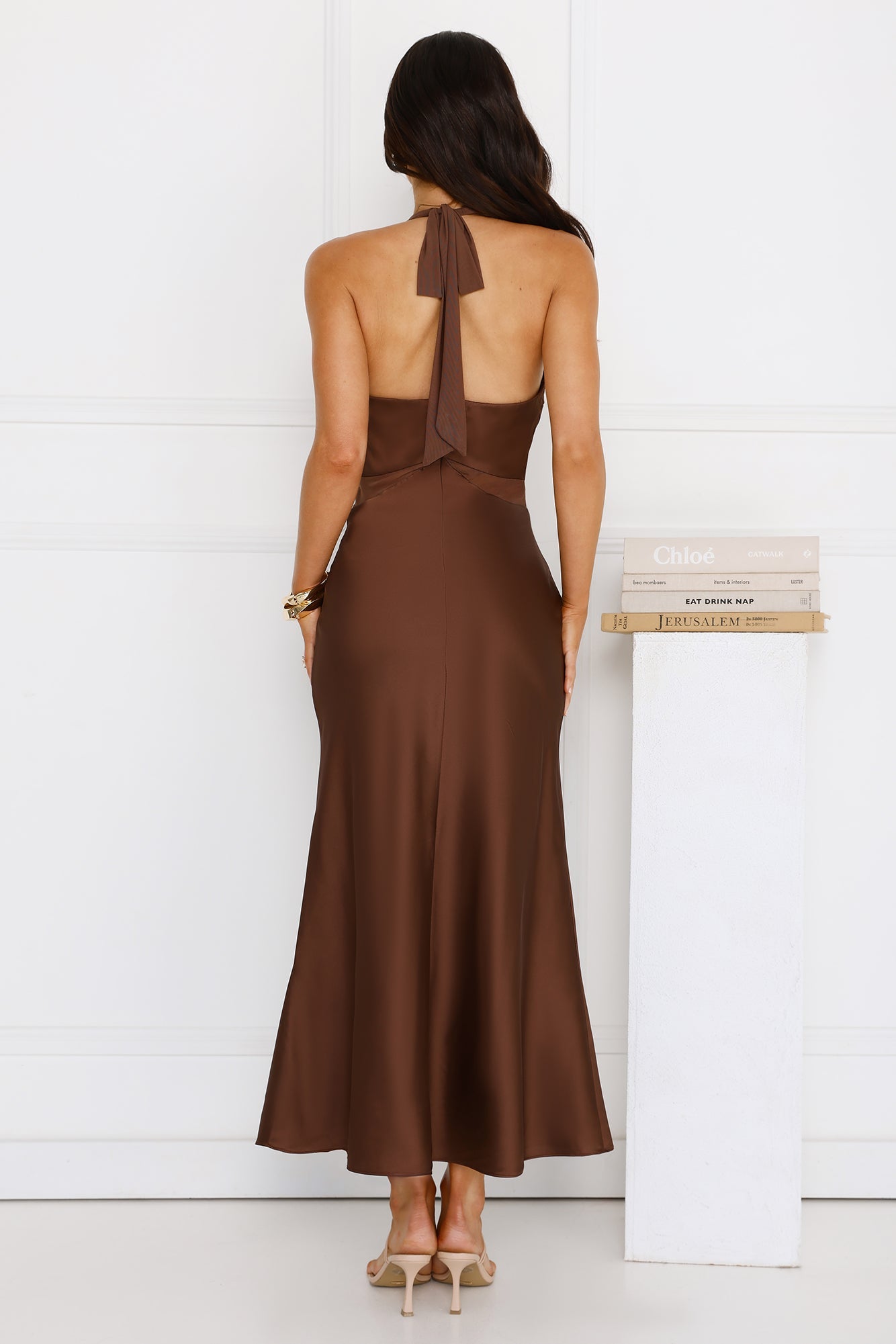 Nocturnal Bloom Satin Halter Maxi Dress Brown