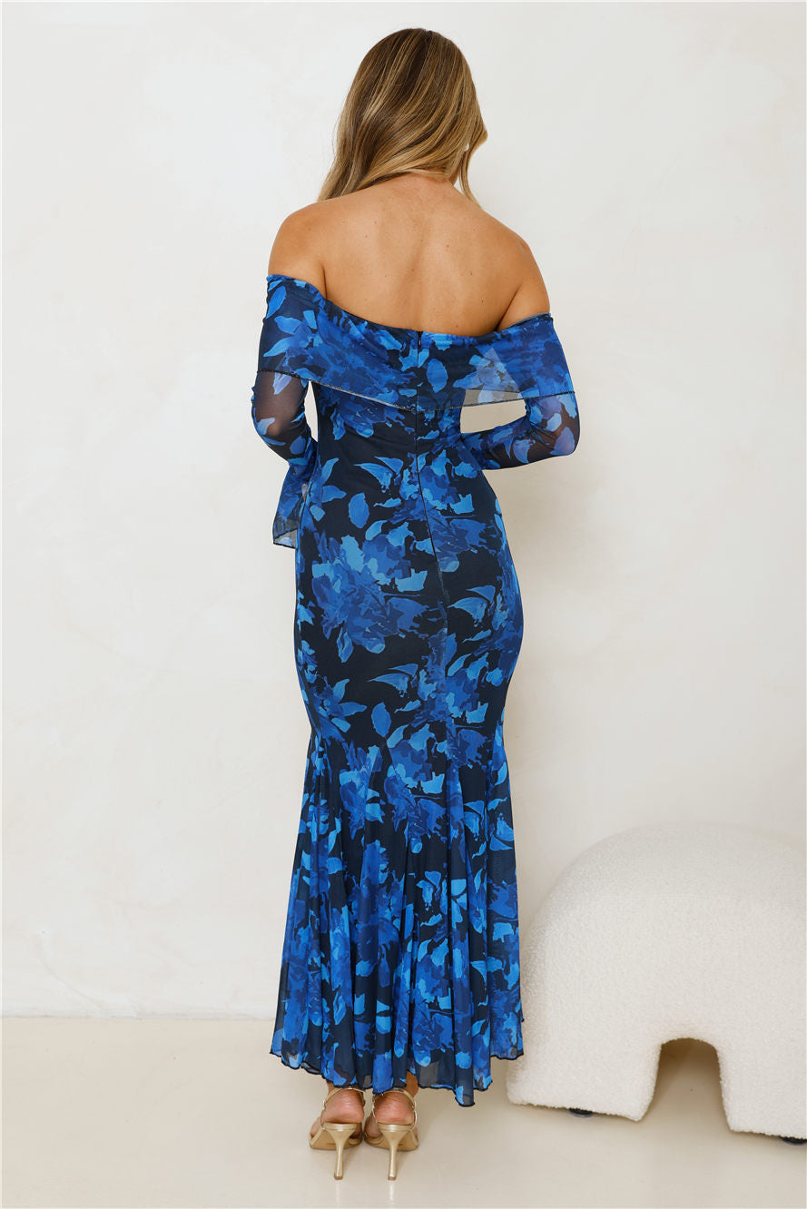 Style Supreme Off Shoulder Mesh Maxi Dress Blue