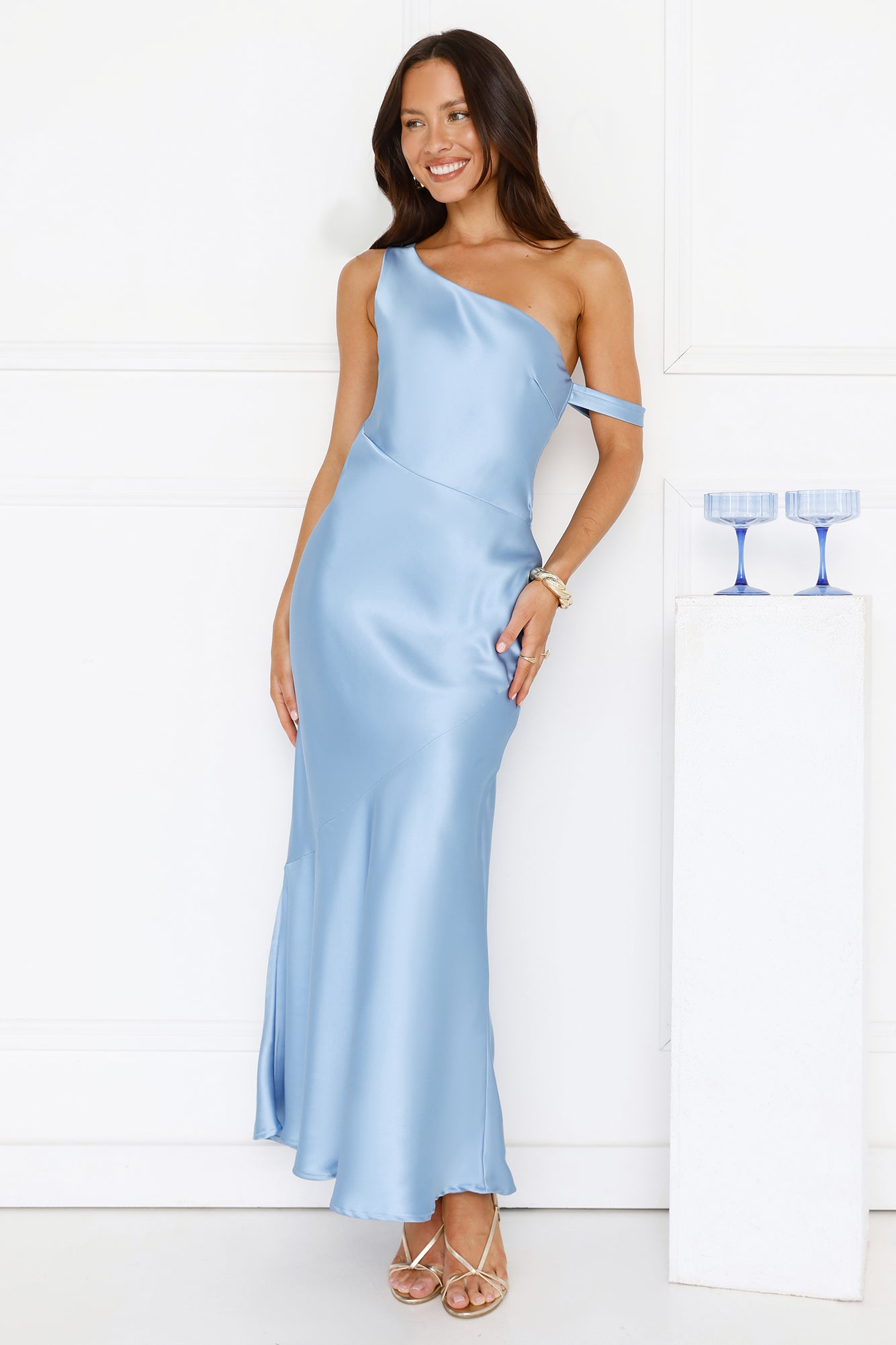 Glimmering Sky Satin Maxi Dress Blue