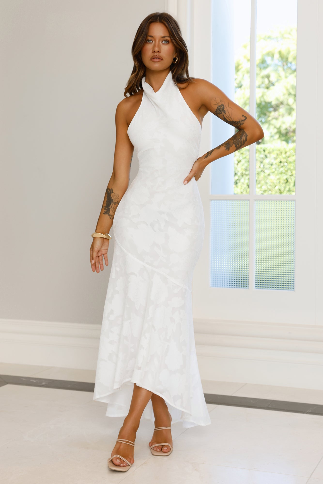 Hints Of Wildflowers Halter Maxi Dress White