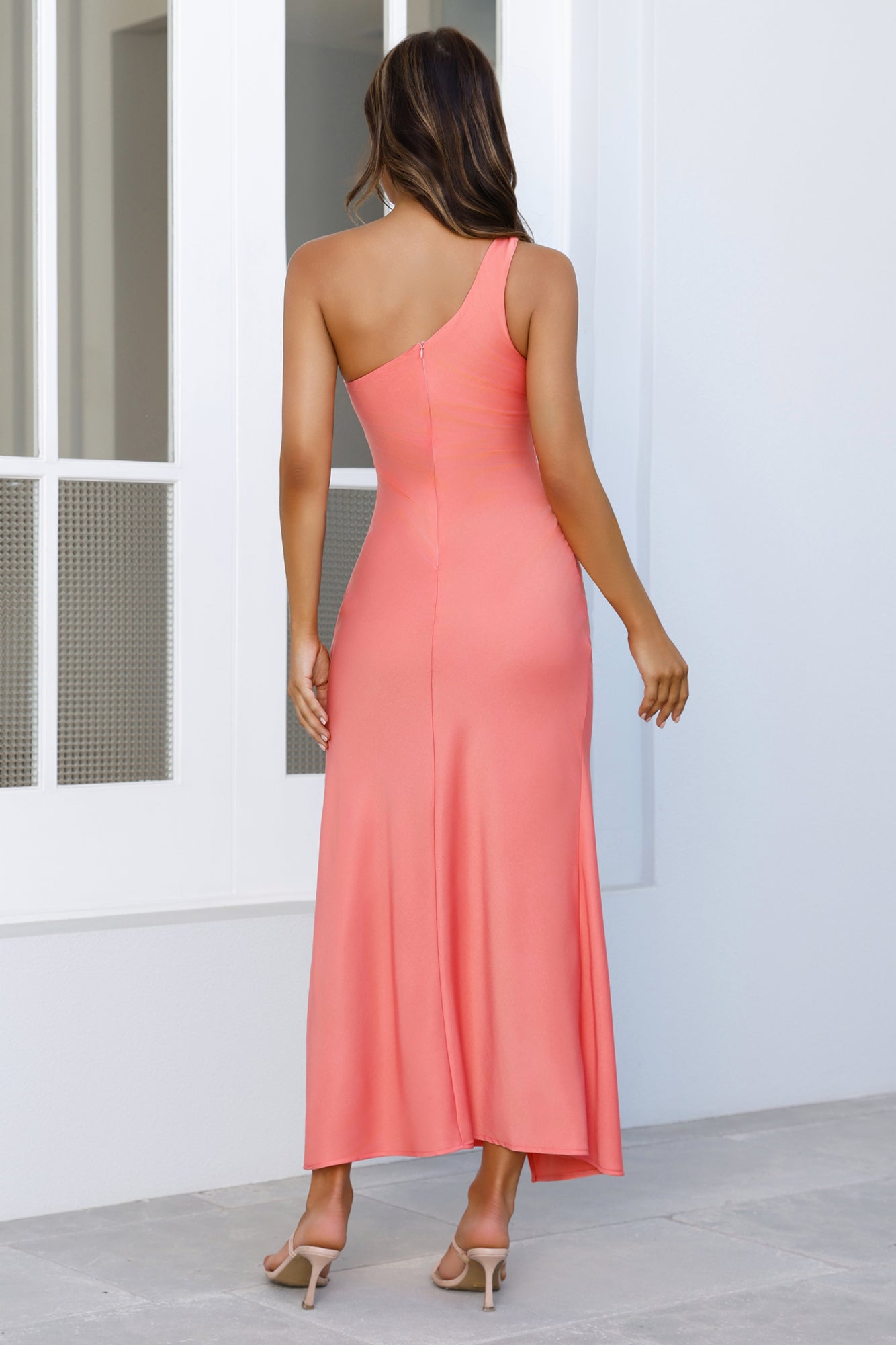 Satin Statement One Shoulder Maxi Dress Coral