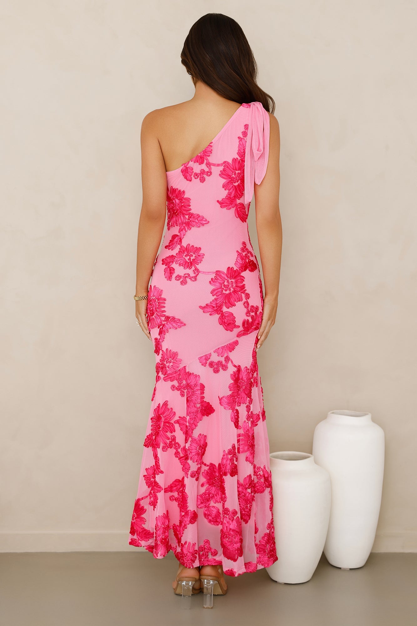 Glossy Girl One Shoulder Mesh Maxi Dress Pink