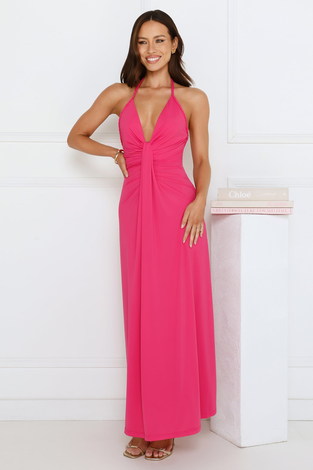 Neon Noir Halter Maxi Dress Pink