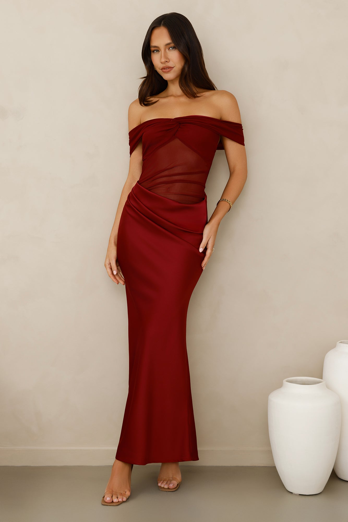 Silent Dreams Mesh Satin Off Shoulder Maxi Dress Burgundy