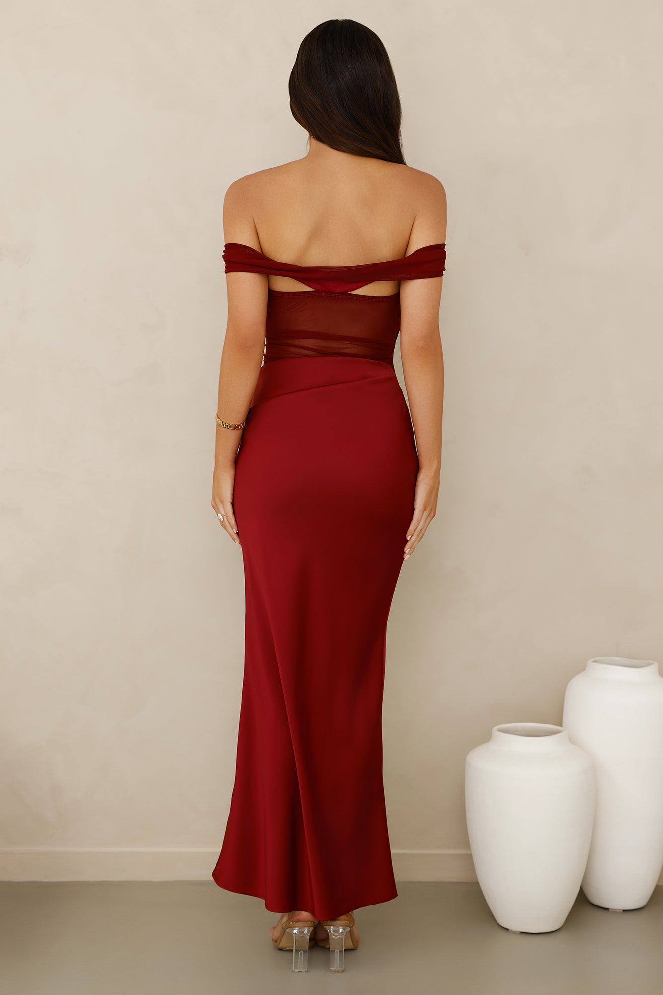 Silent Dreams Mesh Satin Off Shoulder Maxi Dress Burgundy