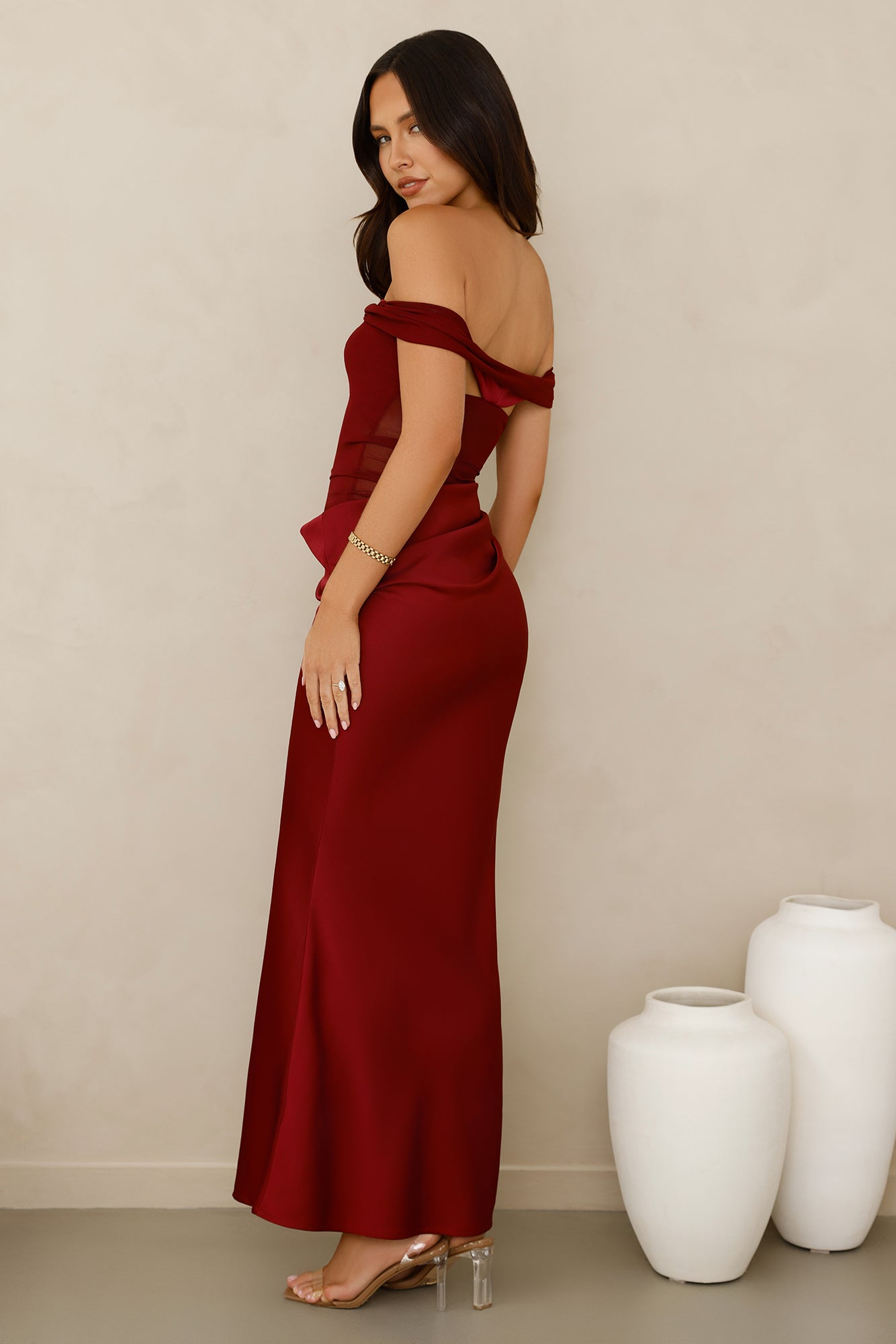Silent Dreams Mesh Satin Off Shoulder Maxi Dress Burgundy