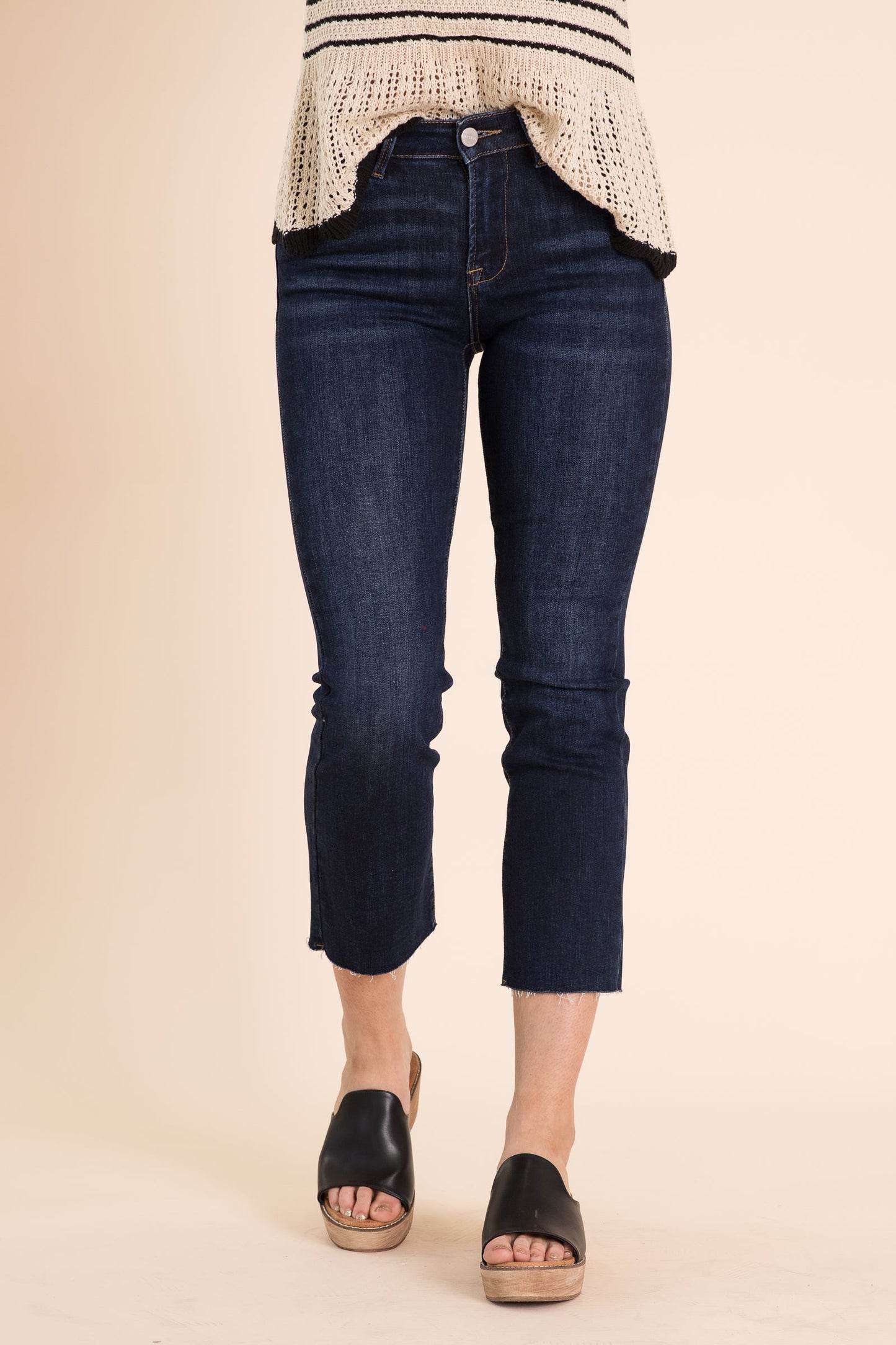 Risen Mid Rise Raw Hem Straight Leg Jeans