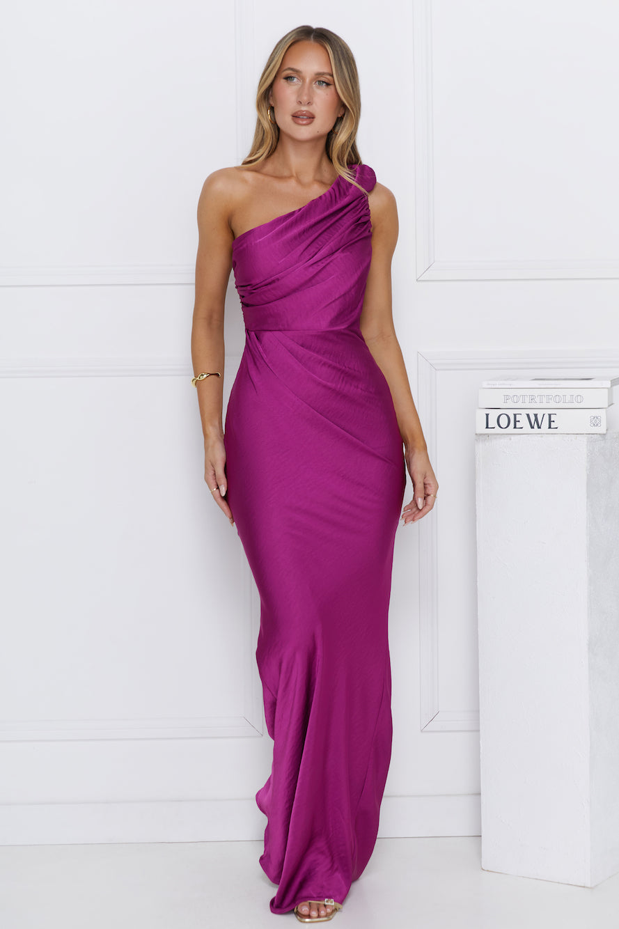 Chase Your Power One Shoulder Satin Maxi Dress Berry