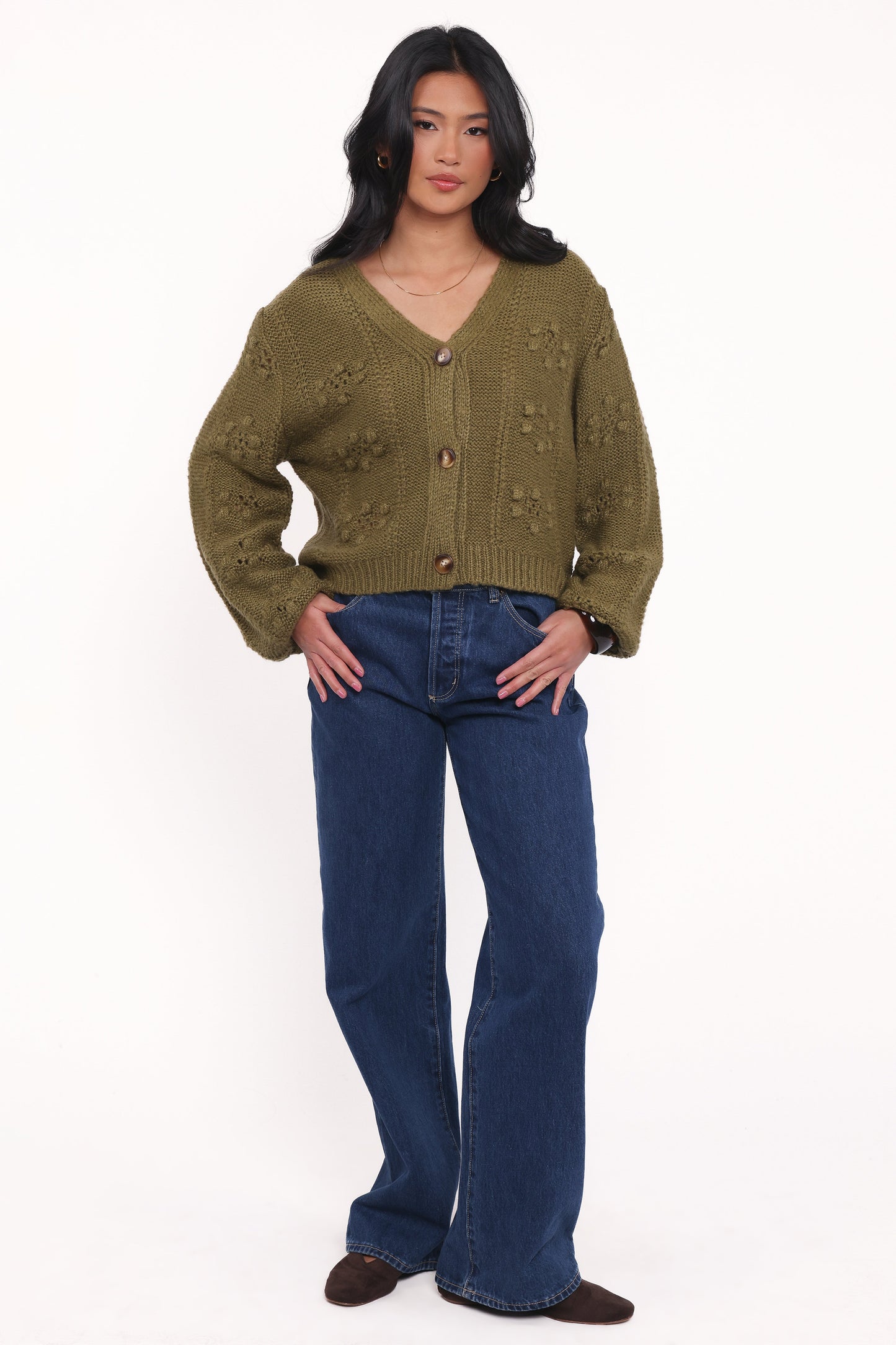 Melody Textured Button Up Cardigan - Olive