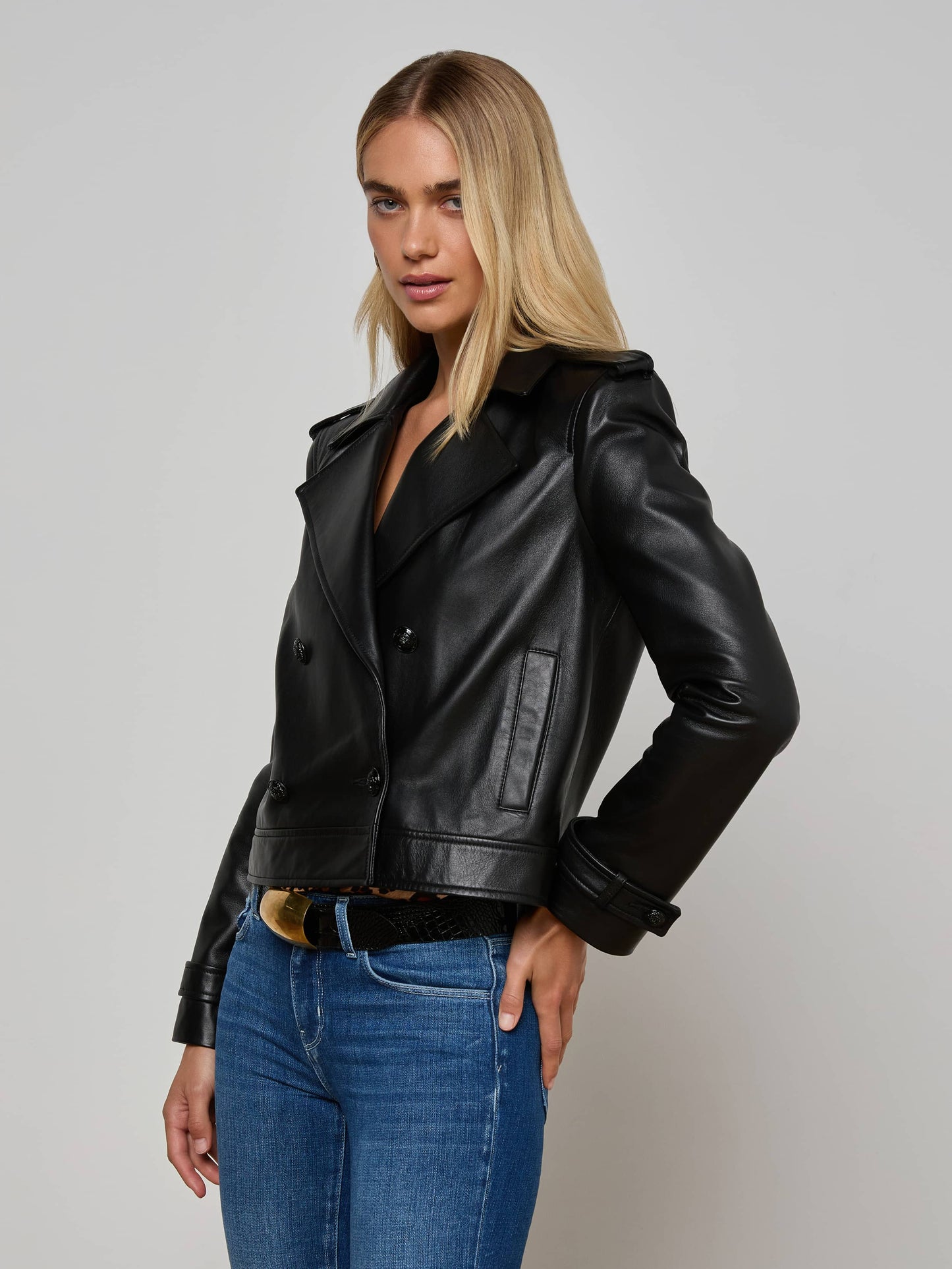Xoey Cropped Leather Trench Coat