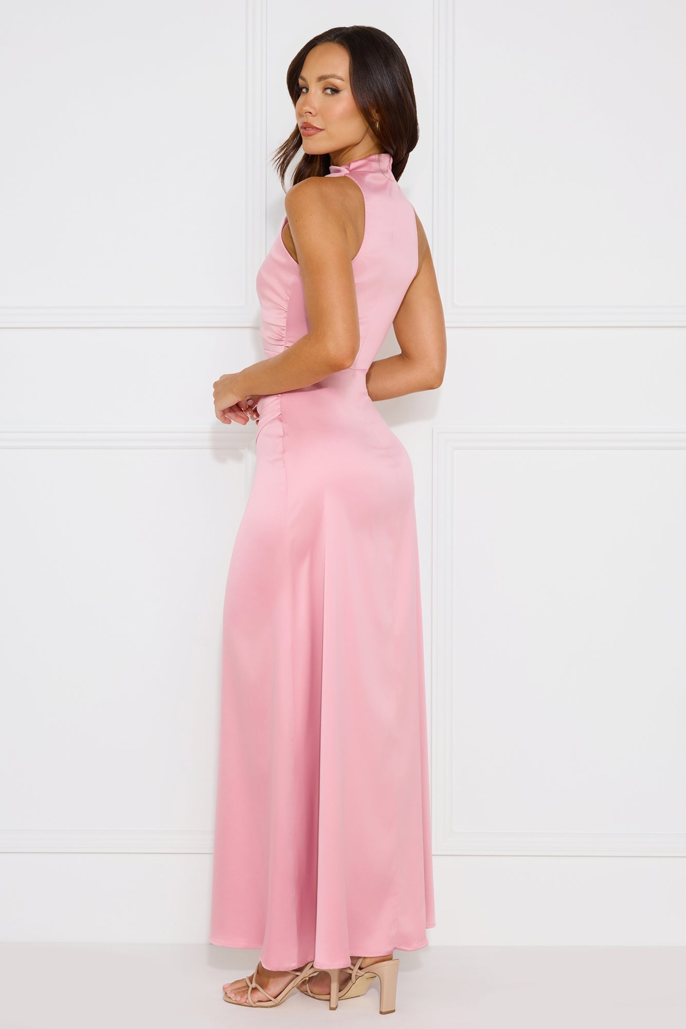 Diamond Cut Satin Maxi Dress Pink