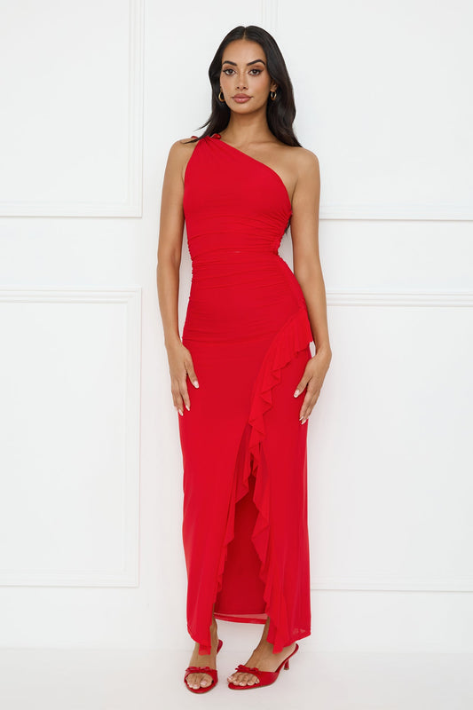 Neon Nectar One Shoulder Mesh Maxi Dress Red