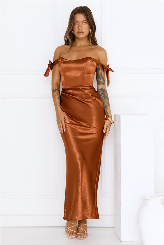 Midnight Grace Satin Maxi Dress Brown