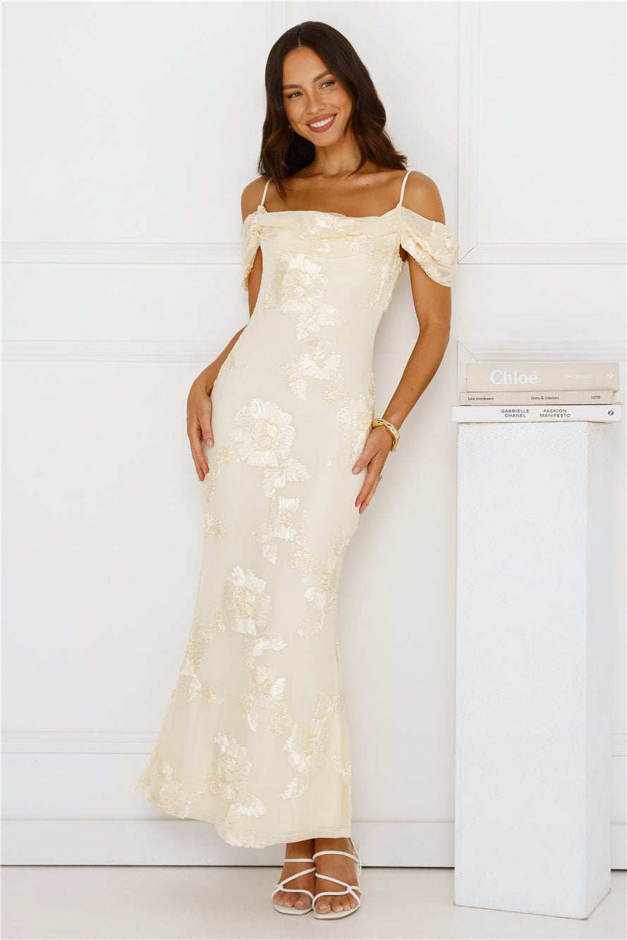 You’re Magic Off Shoulder Mesh Maxi Dress Yellow