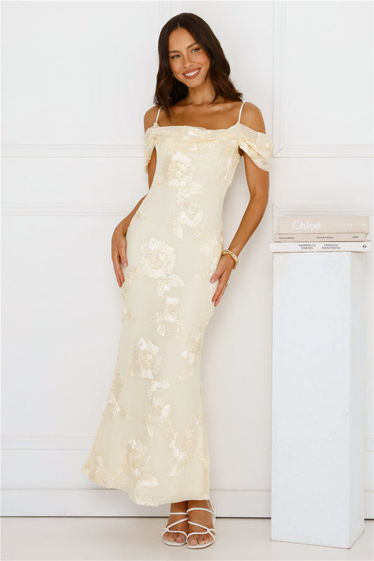 You’re Magic Off Shoulder Mesh Maxi Dress Yellow