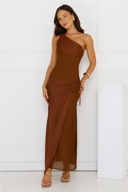 Satin Statement One Shoulder Maxi Dress Brown