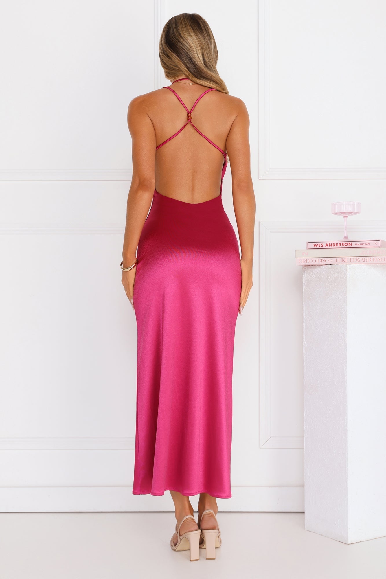 Shimmer Society Satin Maxi Dress Magenta